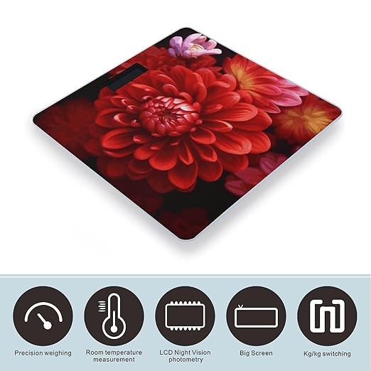 Red Beautiful Flower Weight Scale Digital Electronic Scales Bathroom Scale Larg LCD Backlight Display High Precisio MeasurementsTempered Glass