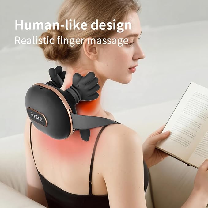 SALAN Heat Therapy Neck and Shoulder Massager Deep Muscle Tissue Massage Bionic Fingers Real Pressure-Sensitive FeedbackPortable Wireless Relax Anytime and Anywhere (Black)