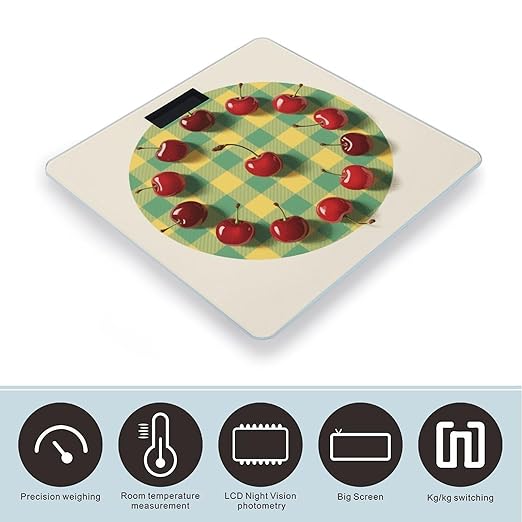 Cherry Fruit Checkered Print Weight Scale Large Digital Bathroom Scales with Bright LED Display Non Slip Digital Scale and Step On Fashion Weighing Machine for Body