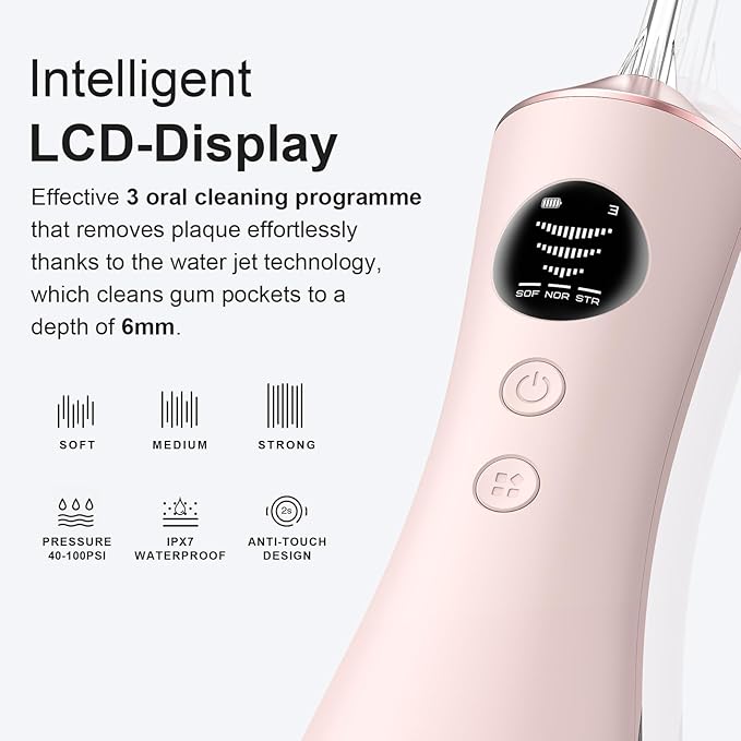Water Dental Flosser for Teeth Portable Cordless Water Flosser with 300ML Rechargeable with Type-C IPX7 Waterproof Water Flossers for Adults with 3 Intensity Modes and 3 Flossing Tips