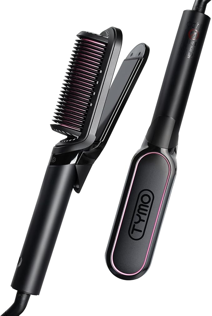 TYMO Flat Iron Hair Straightener Brush 2 in 1 200M Ions Hair Straighteners for Women Ceramic Dual Voltage Straightening Hot Comb for Anti-Frizz Straights Waves Curl 3X Less Heat Damage Black