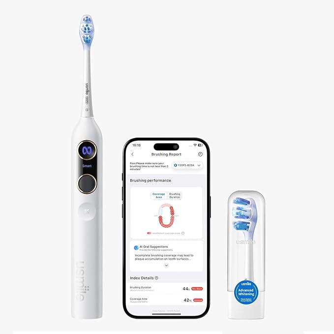【5-in-1 Bundle】 usmile C10 Portable Water Flosser Blue Y20 PRO AI Smart Electric Toothbrush White Standard Nozzles Replacement Brush Heads &amp Travel Case – Complete Oral Care Set for Home &amp