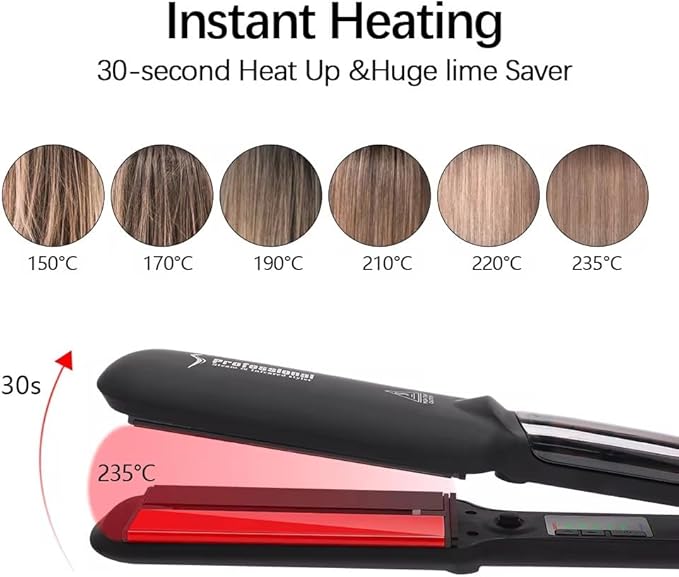 Professional Steam Infrared Hair Straightener Flat Iron 2 inch Wide Tourmaline Ceramic Plate Fast Vapor Instant Heat Up with Adjustable Temperature Dual Voltage Black