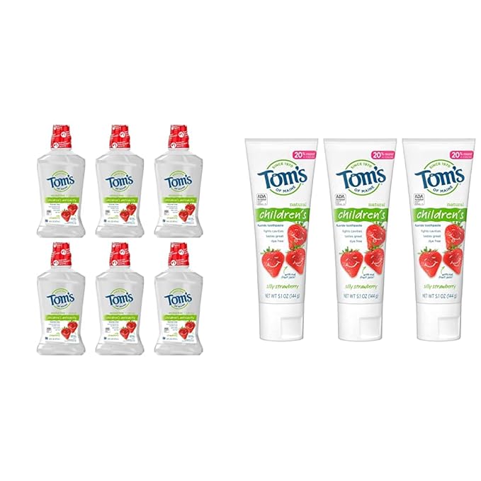 Tom's of Maine Children's Anticavity Fluoride Rinse Mouthwash Silly Strawberry 6-Pack + Natural Children's Fluoride Toothpaste Silly Strawberry 3-Pack