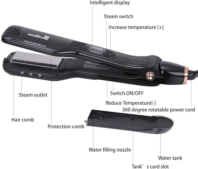 Steam Hair Straightener Professional Ceramic Tourmaline Steam Flat Iron with Digital LCD+5 Level Adjustable Temperature+Auto Temperature Lock+Removable Comb Dual Voltage Auto Off (Black)