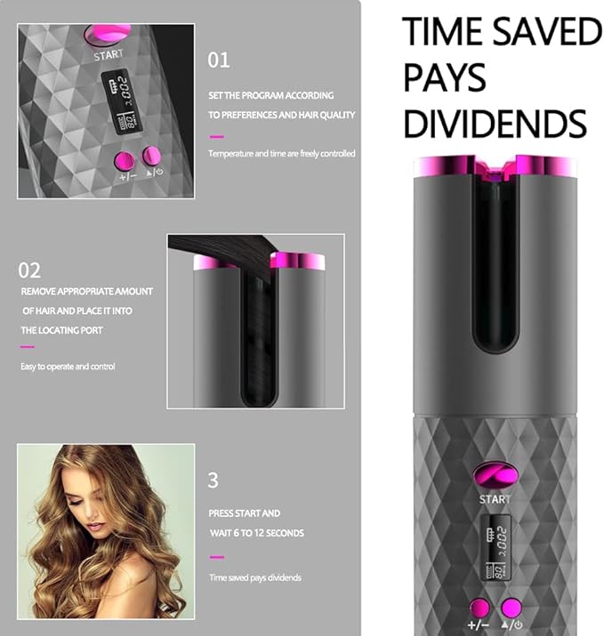 Automatic Curling Iron Hair Curling Iron for Hair Styling Cordless Auto Hair Curler with 6 Temps and Timers Auto Shut-Off Fast Heating Rechargeable Cordless Hair Curler 1 (Gray)