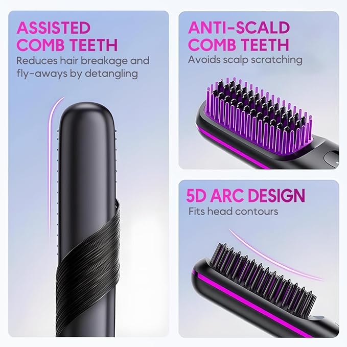 Go Brush - Pro for Short Hair - 2026 Upgraded Cordless Straightening Brush with 30s Fast Heat 3 Temperature Settings Ionic &amp Ceramic Care 2500mAh USB-C Rechargeable for Frizz-Free Styling (Blac