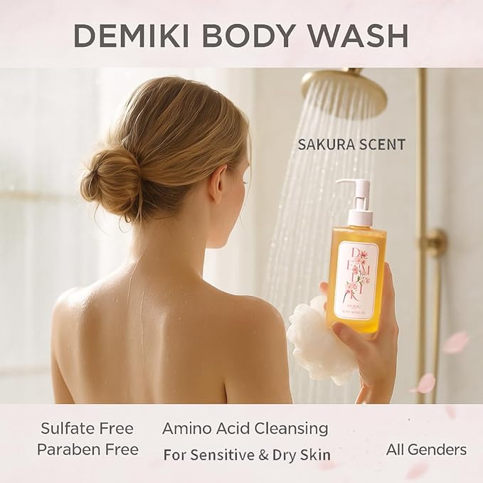 DEMIKI Body Wash Women Shower Gel for Dry and Sensitive Skin-Moisturizing shower gel with Japanese Sakura ScentShower Gel of Sulfate FreeParaben Free pH Balanced Body Wash Natural Bodywash 10fl.oz