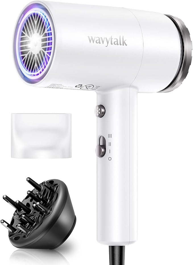 Wavytalk Hair Dryer with Diffuser 1875W Ionic Blow Dryer for Fast Drying with Concentrator Lightweight White.