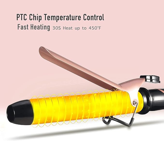 Lanvier 1.25 Inch Clipped Curling Iron with Extra Long Tourmaline Ceramic Barrel Professional Hair Curler up to 450°F Dual Voltage for Traveling Hair Waving Style Tool for Girls &amp Women-Rose Gol
