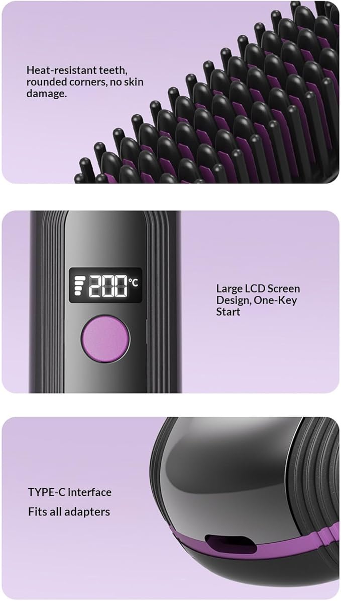 Hair Straightener Brush Portable Cordless Hair Straightener Brush with 4 Temperature Settings &amp LED Display (03)