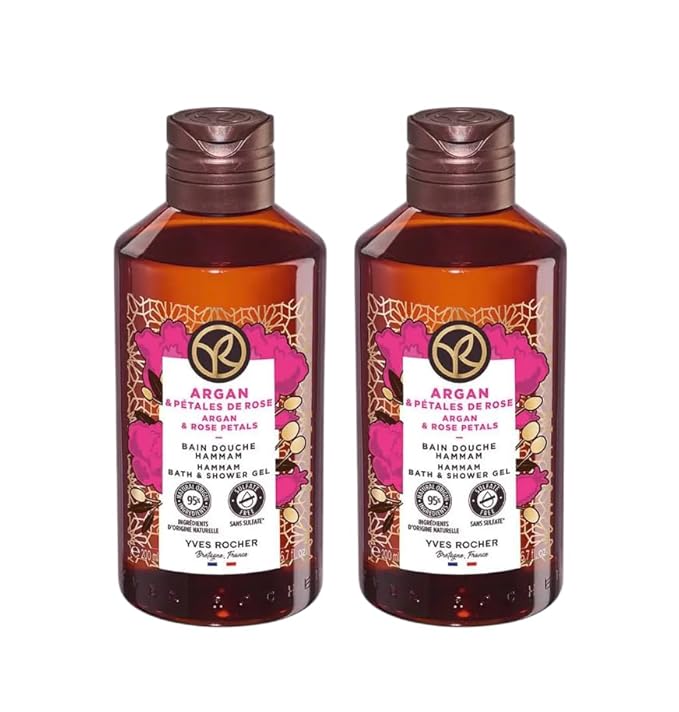 Yves Rocher Argan and Rose Petals Nourishing Shower Gel Bath &amp Body Routine Women Men Day Care 200 ml./6.7fl.oz. Set of 2 Best Gift Kit