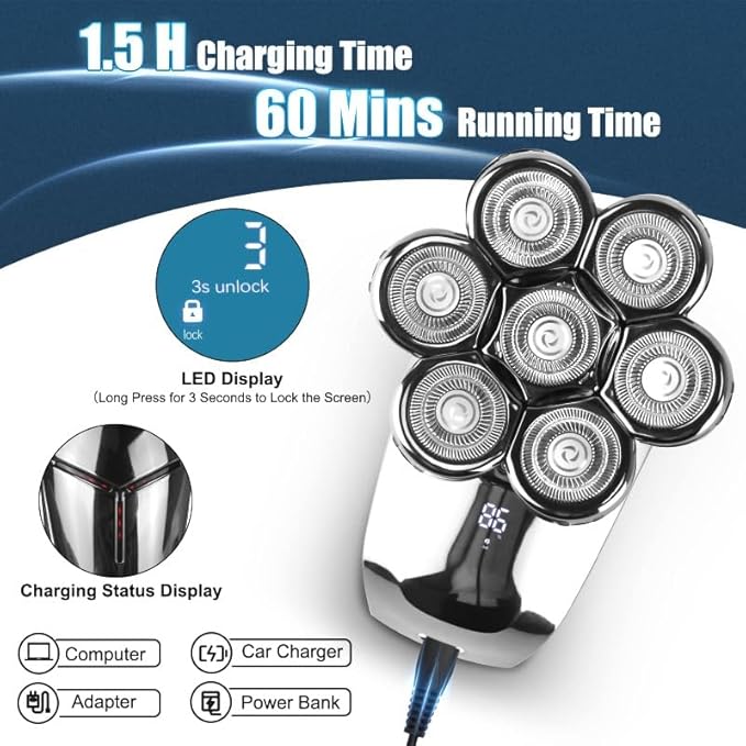 Head Shavers for Bald Men 5 in 1 Head Shavers for Men 7D Cordless Bald Head Shaver Wet&ampDry Waterproof Electric Razor for Men with LED Display Grooming Kit