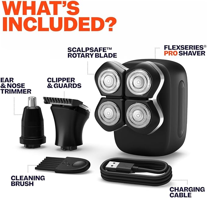 Pro Electric Head &amp Body Shaver - Mens Cordless Rechargeable Wet/Dry Skull Bald Head Back &amp Groin Waterproof Razor with Rotary Blades Clippers Nose Trimmer Brush Massager