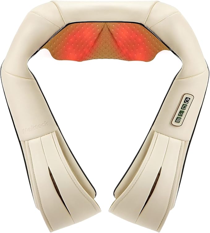Nekteck Shiatsu Neck Massager with Heat for Pain Relief Deep Tissue 2026 Upgraded 3D Back Shoulder Kneading Massage Pillow Body Muscle Relaxation Tools Gifts for Him Her Beige (NOT Cordless)