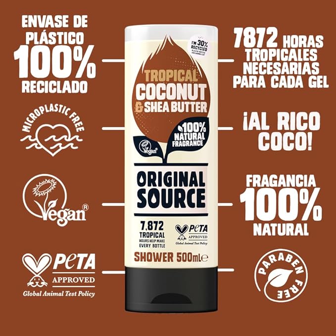Original Source Coconut and Shea Butter Shower Gel 100 Percent Natural Fragrance Vegan Cruelty Free Paraben Free Bulk Buy Pack of 6 x 500 ml
