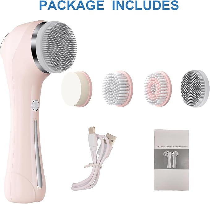 Facial Cleansing Brush 2 in 1 Ｗaterproof IPx7 Facial Spin Scrubber Set with 4 Brush Heads Rechargeable Exfoliating Face Brush Deep Cleansing Gently Exfoliate and Remove Blackhead (Pink)