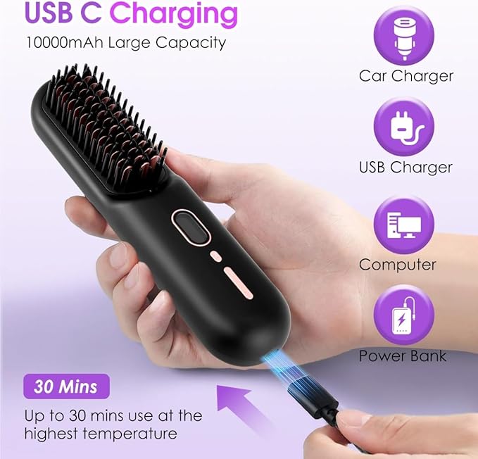Cordless Hair Straightening Brush USB Ceramic Heating Straight Hair Comb 2-in-1Negative Ion Hair Straightening Comb(White)