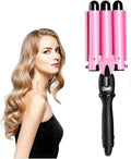 3 Barrels Hair Curler with LCD Display Ceramic Curling Iron Wand Hair Wavers Curling Tongs Beach Wave 80-210°C 14 Gear Temperature Control Pink (Size : 25mm)