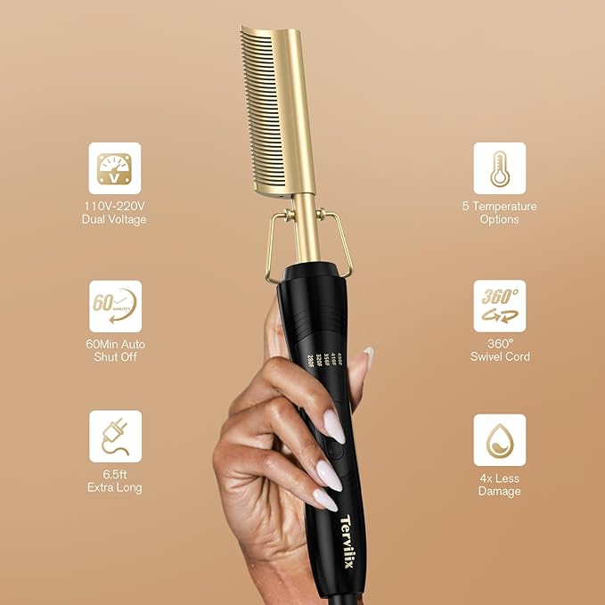 Terviiix Hot Comb for Lace Front Wigs Curved Teeth Pressing Combs for Black Women Hair Anti-Scald Straightening Comb Electric Heat Comb Temperature Adjustable 60 Min Auto Shut Off