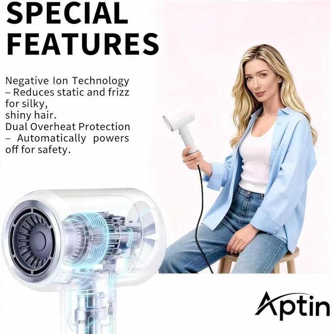 Ionic Hair Dryer 110K RPM 1250W Fast Drying 200M Negative Ion Care Dual Overheat Protection Anti-Static Low Noise 2 Heat &amp 2 Speed Durable PA+Glass Fiber Shell Lightweight Magnetic Nozzle