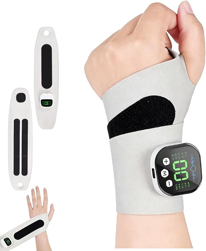Rechargeable Adjustable Electric Wrist Massager Portable Cordless Hand Heating Pad with 8 Modes Heating Pad with 8 Modes &amp 30 Intensity Levels Magnetic Detachable Host (White)