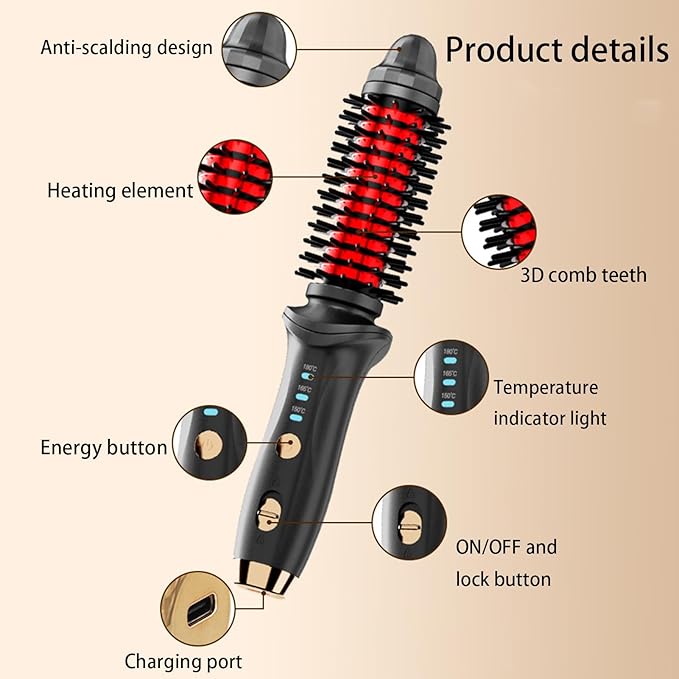 Hair Curling Wands - Small Hair Curling Iron Travel Cordless Heated Round Brush | USB Rechargeable Large Capacity Heat Styling Curling Brush3 Gear Temperature Grooming Tool for Business Triphotel