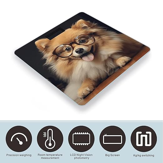 Pomeranian Dog Wearing Glasses Bathroom Scale Rounded Smart Scale for Body Weight Automatic Power On/Off Weight Scales Accurate Bathroom Digital Scales for Pet Home Bedroom Kitchen