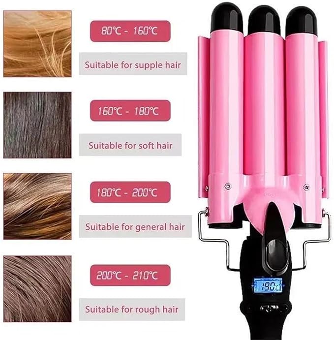 3 Barrels Hair Curler with LCD Display - Ceramic Curling Wand Hair Waver Quick Heating Curling Iron 80-210°C 14-Speed Temperature Adjustment Curling Tongs Hair Styling Tools (Color : Pink Size : 2