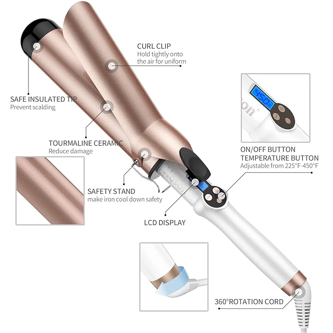 Hoson 2 Inch Curling Iron Large Barrel Long Barrel Curling Wand Dual Voltage Ceramic Tourmaline Coating with LCD Display Glove Include