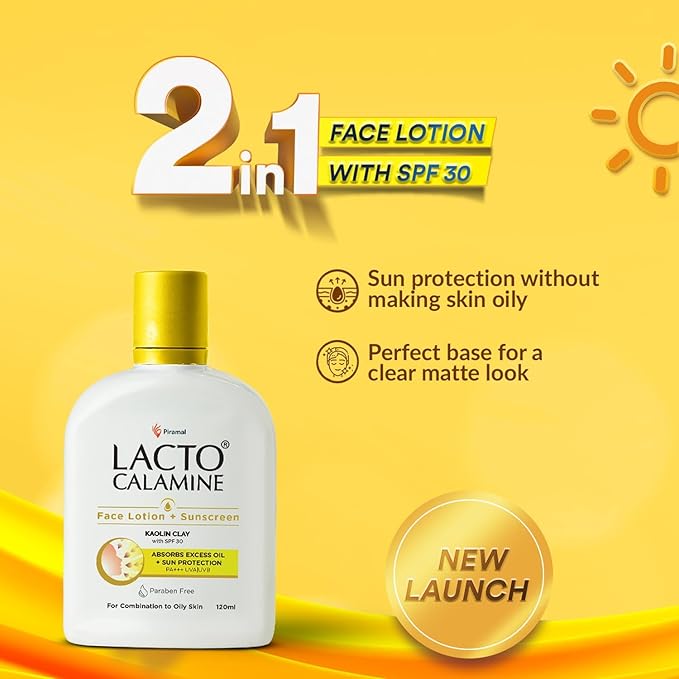 Lact'o Calamin'e Sunscreen Lotion with SPF 30 | 120ml |UVA + UVB PA+++ | Kaolin Clay &amp Zinc Oxide | Daily Face Moisturizer For Oily Skin | Lightweight &amp Non-Greasy | Face &amp Body Lotion