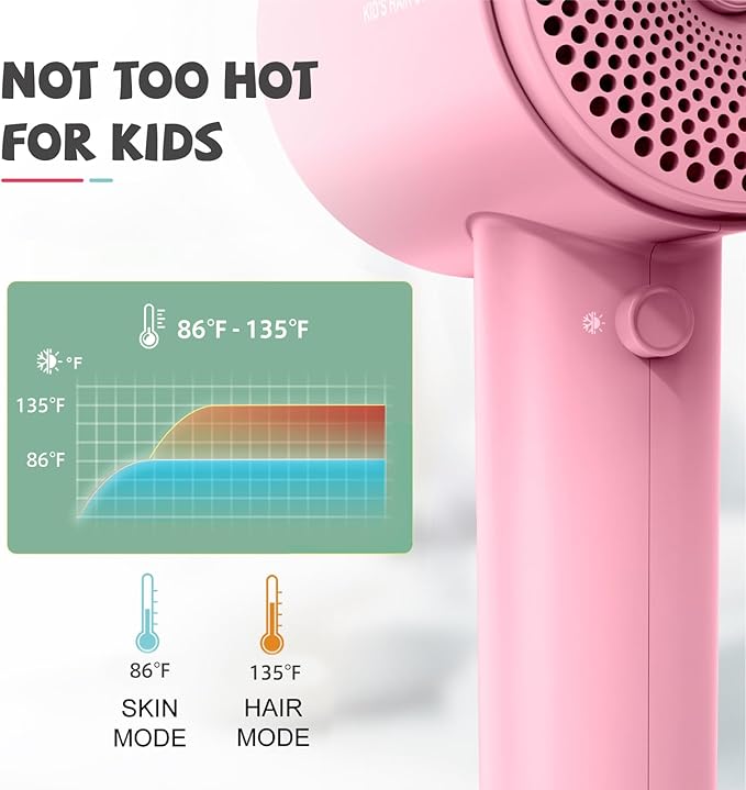Feekaa Kids Hair Dryer Portable Mini Blow Dryer with Diffuser Quiet Small Hair Dryer for Children Compact Kids Hairdryer with DIY Stickers Lightweight Boy &amp Girl Birthday Gift Pink