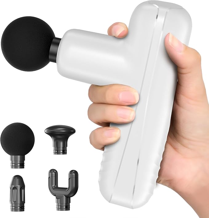 Mini Massage Gun Powerful Handheld Muscle Massager for Muscle Relaxation Deep Tissue Percussion Small Massage Gun Travel Massager with 4 Massage Heads Silent Brushless Motor White