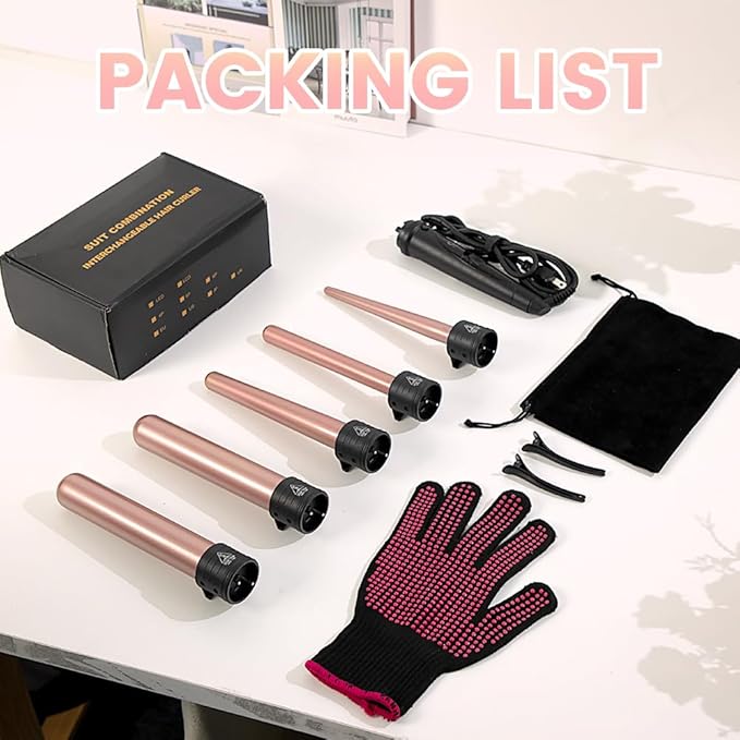 5 in 1 Curling Iron Wand Set Hair Curling Iron Interchangeable Ceramic Barrels (0.35 to 1.25 Inch) Barrel Heat Protective Glove 2 Clips Dual Voltage Hair Curler for Girls Women Gift - Rose Gold