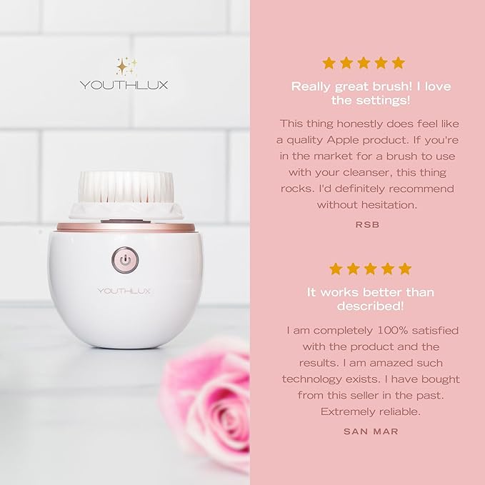YouthLab Pure Radiance Vibrating Facial Cleansing Brush Electric 3 Modes 3 Brush Heads (2 Bristle1 Silicone) Waterproof Rechargeable Smart Timer Exfoliating Massage (Rose Gold)