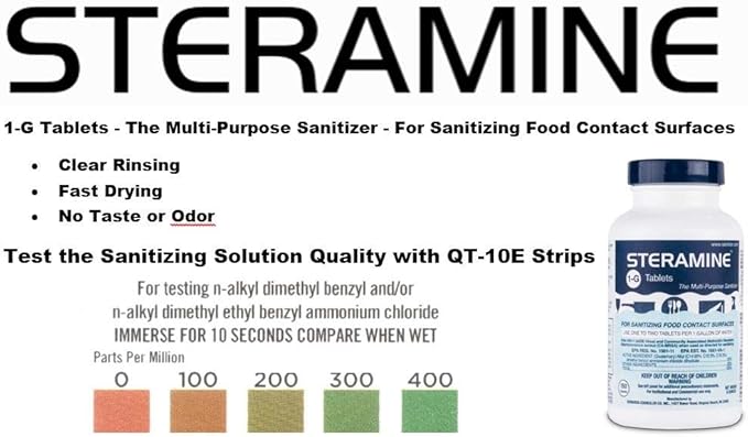 Pack of 4 (600 Tab) Steramine Sanitizing Tablets w/ 30x QT-10 Test Strips by FryOilSaver Co. Steramine Multi Purpose Contact Solution Sanitizer Tablets for Gym Hotel Bar Restaurants &amp Food Ser