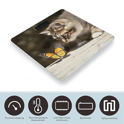 Cat and Butterfly Bathroom Scale for Body Weight Bathroom Weighing Scale with Backlit LCD Display Highly Accurate Measures Weight Up to 180kg