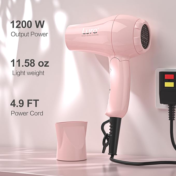 Foldable Travel Hair Dreyr Mini:Dual Voltage Small Lightweight Blow Dryer for International Travel1200w Compact Hairdryer with Concentrator and Travel Bag(Light Pink)