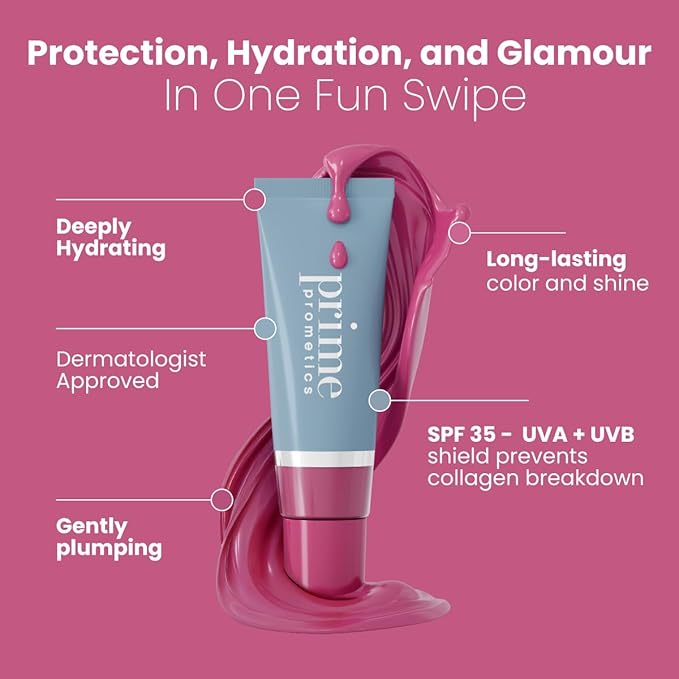PRIME PROMETICS PrimeLip SPF 35 Lip Oil for Mature Women – UVA &amp UVB Shield – Intense Long-Lasting Hydration – Vibrant Color &amp Non-Sticky Shiny Gloss (Bright Berry)