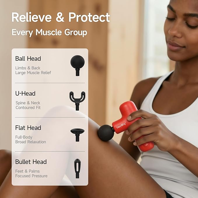 Super Mini Massage Gun Deep Tissue Handheld Muscle Massager with 4 Heads Percussion Travel Size Massager Gun for Men &amp Women Back Pain Relief Quiet for Home Gym Office Red
