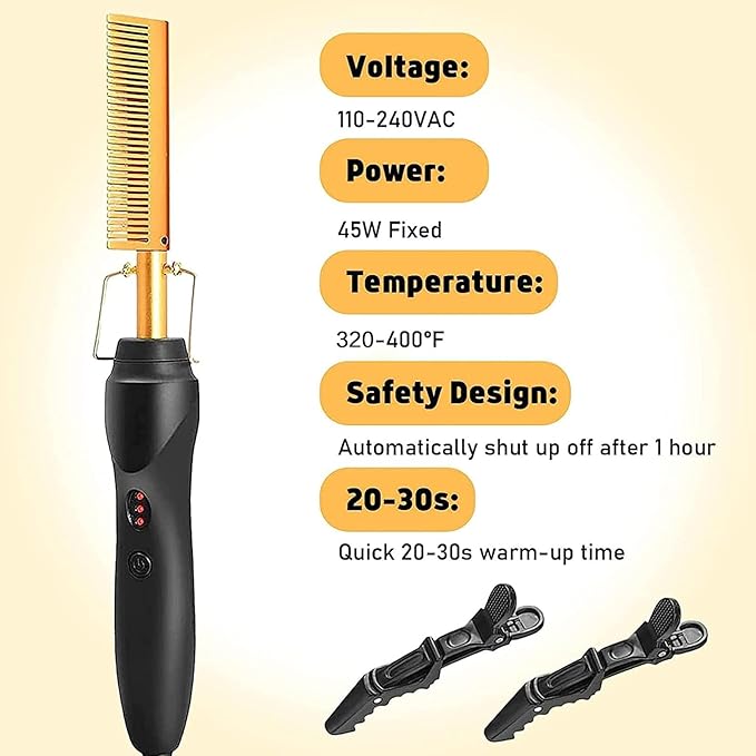 Electric Hot Comb Hair Straightener Deluxe Electrical Straightening Comb Curling Iron for Natural Black Wigs Hot Comb Electric for Wigs Pressing Combs with Wig Glue Melting Spray Hair Wax Stick