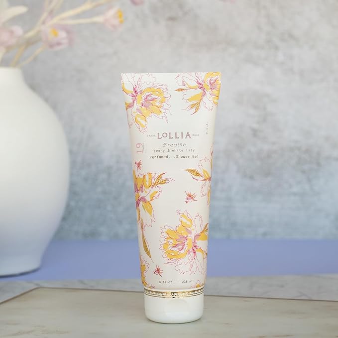 LOLLIA Breathe Shower Gel 8 fl oz Peony &amp White Lily Luxury Shea Moisture Hydrating Women's Body Wash Delicate &amp Relaxing Scented Bath Soap for Self Care