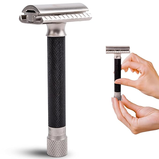 Parker THE VARIANT CLOSED COMB - ADJUSTABLE Double Edge Safety Razor Customize your Shave with a Turn of the Dial from Mild to Aggressive - 5 Blades Included (GRAPHITE GRAY)