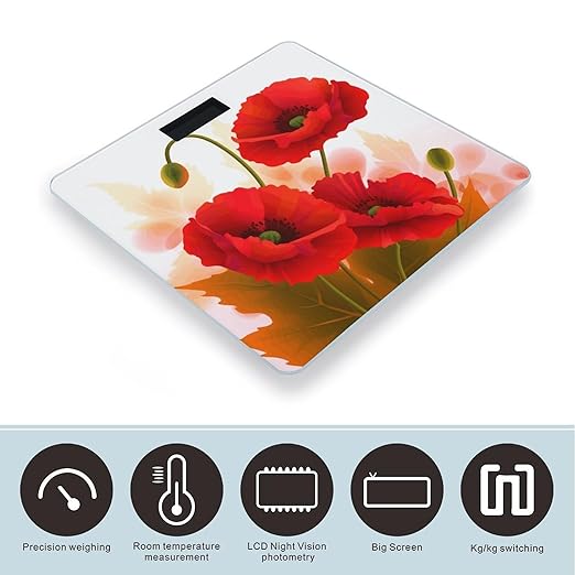 Poppy Flowers Vivid Petals Weight Scale Digital Electronic Scales Bathroom Scale Larg LCD Backlight Display High Precision MeasurementsTempered Glass
