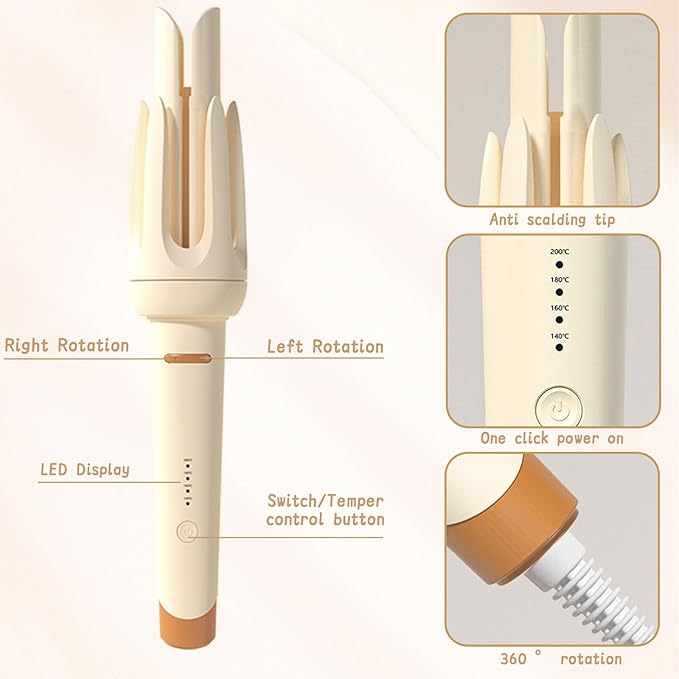 Automatic Curling Iron 1.25Inch Wave Curling Iron Fast Heating Hair Curling Wand with 3 Temp &amp LED Display 60Min Auto Shut-Off Anti-Scald Anti-Tangle Rotating Curling Irons for Hairstyle (Yell