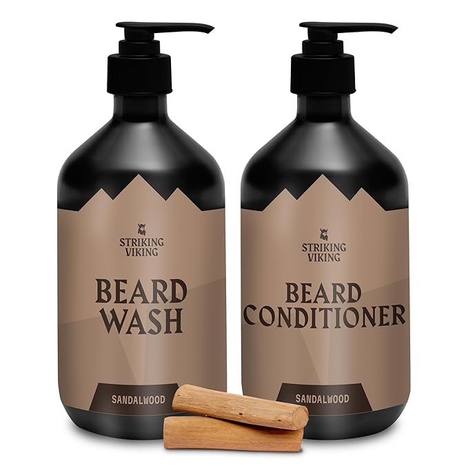 Striking Viking Beard Care Set (Sandalwood) - Paraben &amp Sulfate Free Shampoo with Jojoba Oil - Deep Clean for All Beard Types (10oz Per Bottle)
