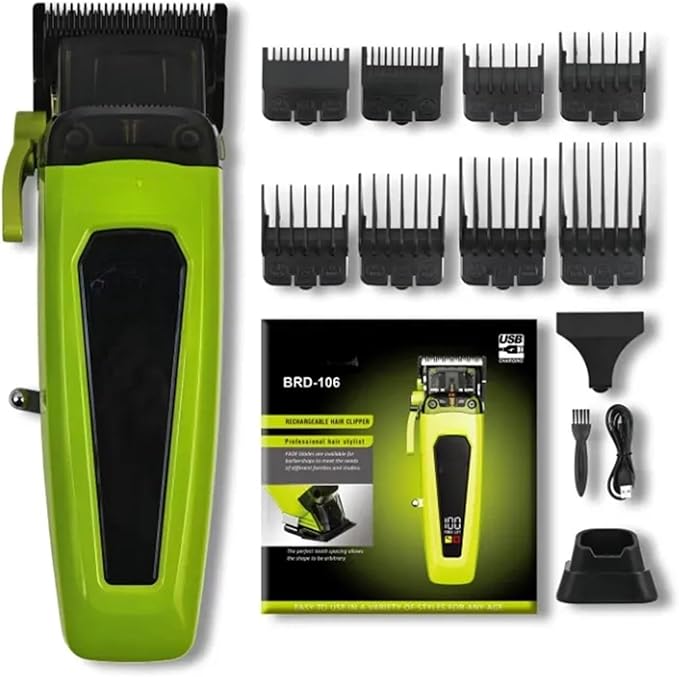 Compatible With BRDCLIP BRD-106 Professional Men's Hair Clipper 7500RPM DLC Blade Hair Trimmer with Base Charger Heavy-Duty Hair Cutting Machine(Green)