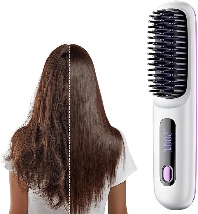 2026 New Brush Pro Brush Pro Portable Straightener Brushs for Travel with LCD Temperature Display Portable Hair Straightener Fast Heating Cordless Mini Hair Brushs (White)
