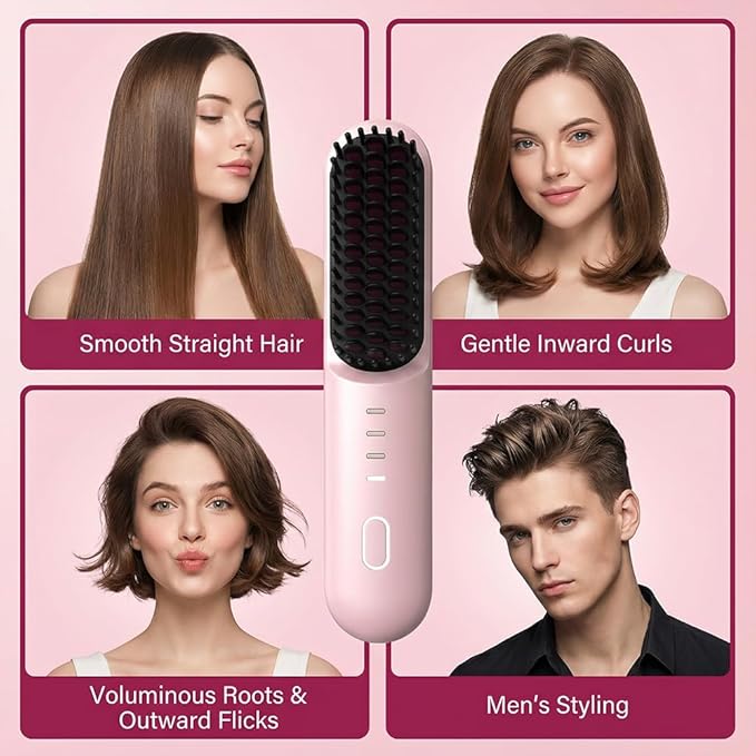 GO Brush - Pro for Short Hair Cordless Straightening Brush with 30s Fast Heat 3 Temperature Settings Ionic &amp Ceramic Care Portable Mini Hair Brushs for Frizz-Free Styling (Pink)