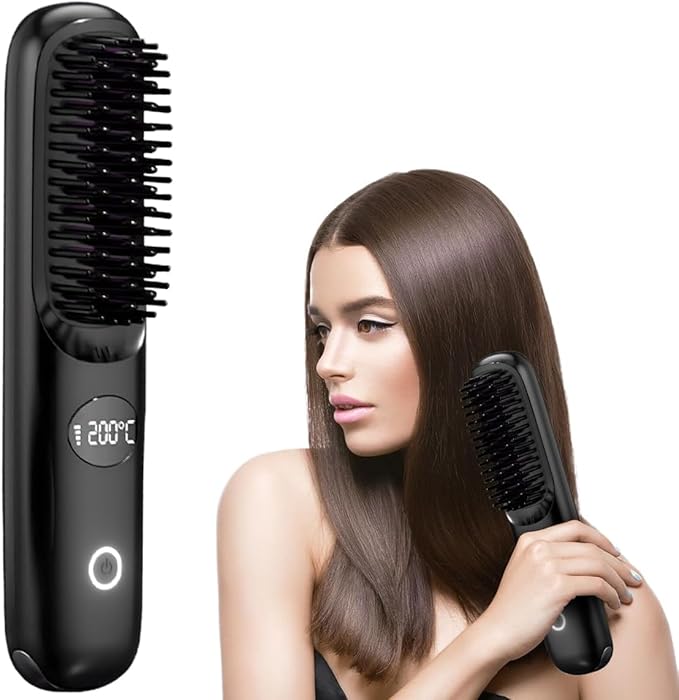 Go Brush Pro Table Straightener Brush Cordless Straightener Brush for Short Hair Fast Heating Hair Styling Tool for Daily Use (Black)